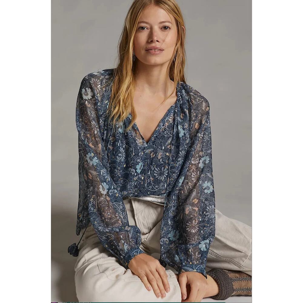 Anthropologie Let Me Be Puff-Sleeve Blouse Sheer Long Sleeve V-Neck Romantic